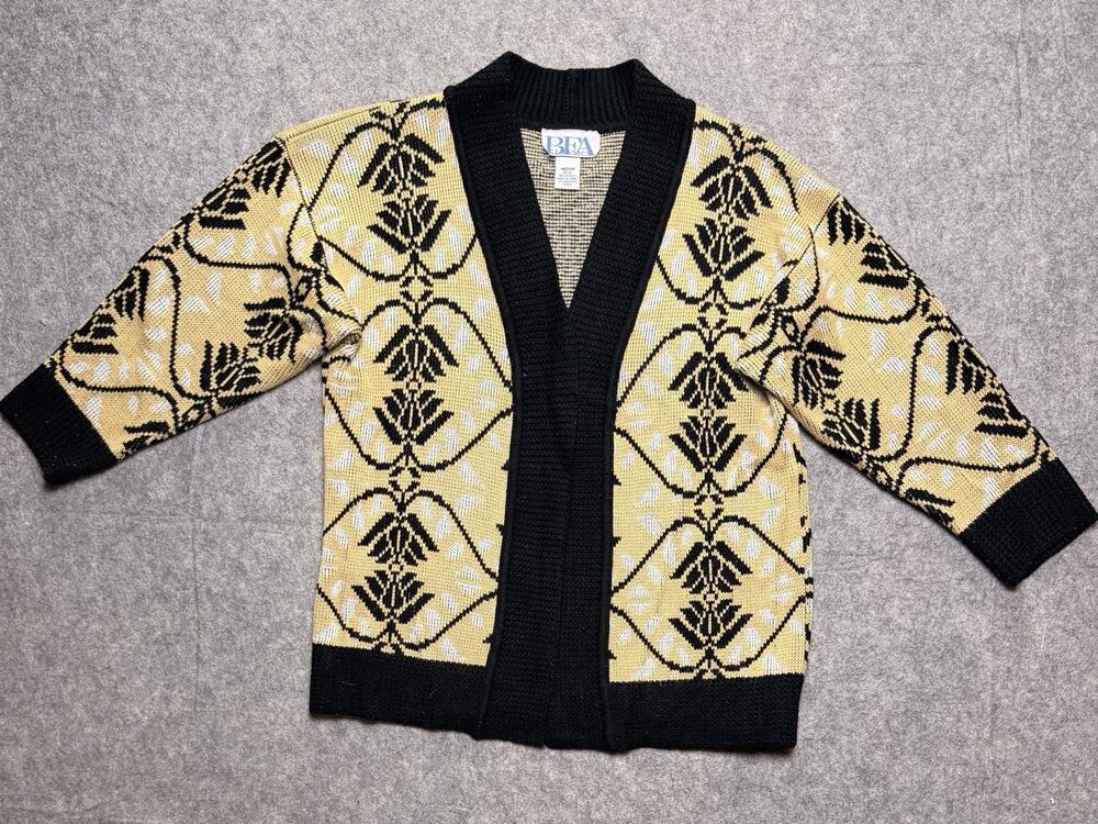 VTG BFA Classics Open Front Cardigan Sweater MP Black Tan Floral Knit Geometric